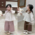Girl's Korean-style cotton blouse with doll collars and straight-leg trousers