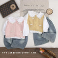 Girl's 3-piece clothing sets featuring knitted vests, white collared shirts, and denim pants.