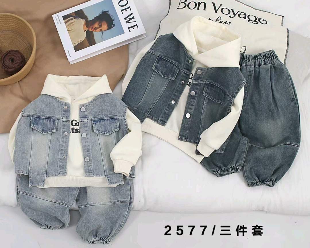 Boy's denim 3-piece outfits featuring a vest, hoodie, and jeans