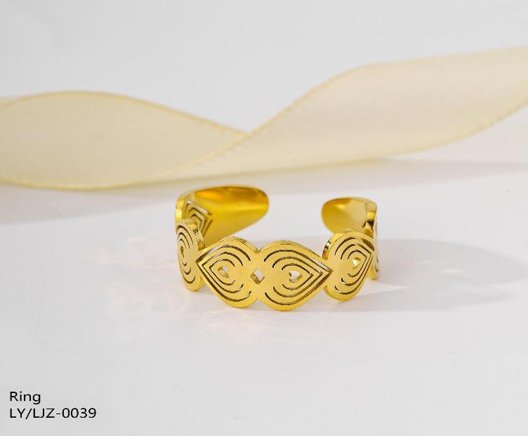 Gold ring with intricate design on a white background